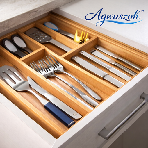 Aqwuszoh™ Bamboo Expandable Drawer Organizer – Adjustable Kitchen Utensil Tray